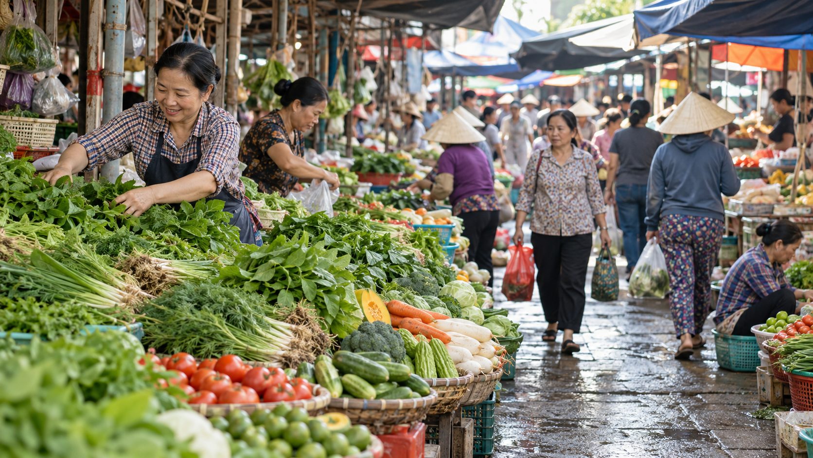 Tiểu thương chuẩn bị hàng tại chợ