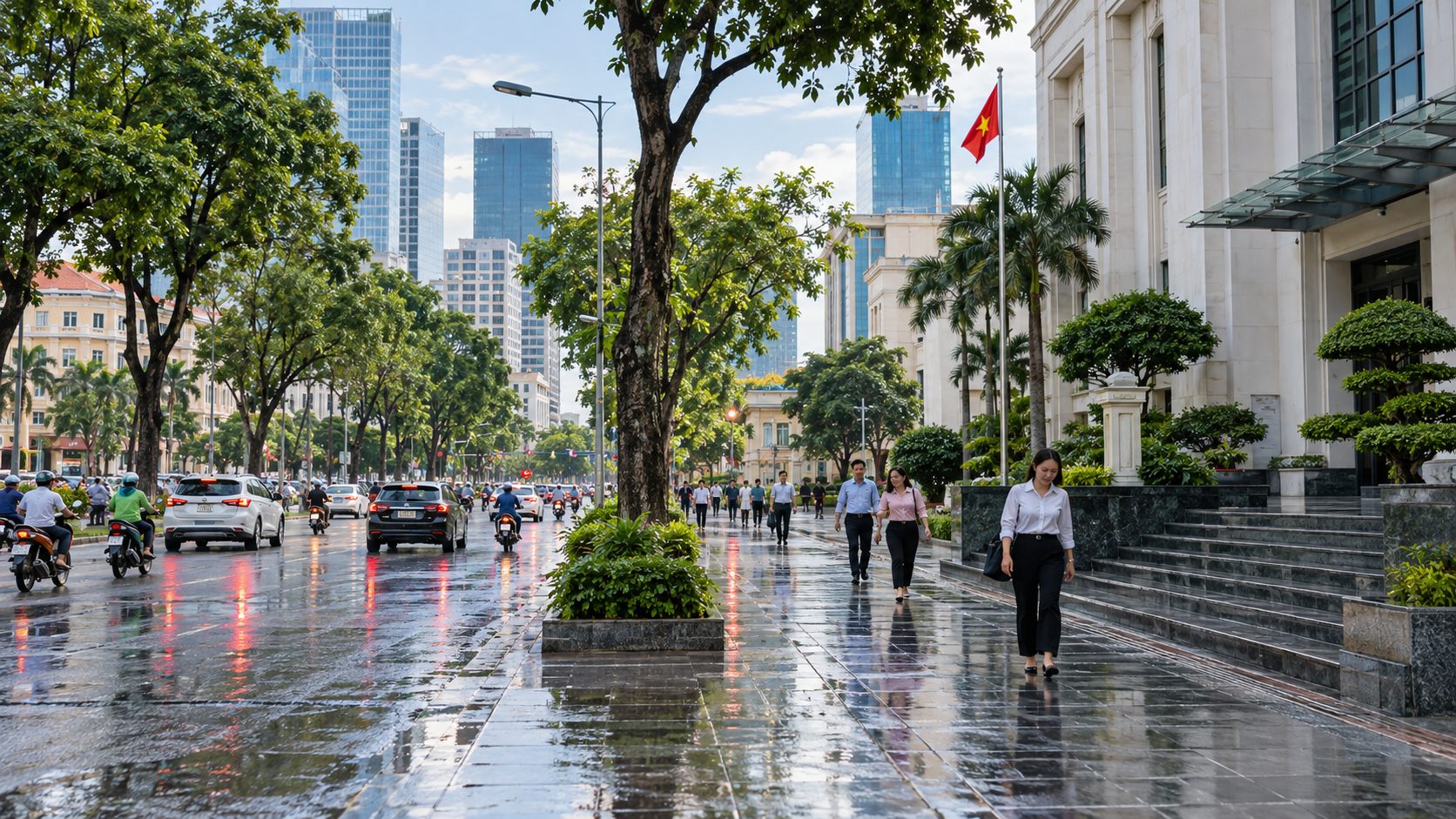 Đường phố trung tâm sau mưa